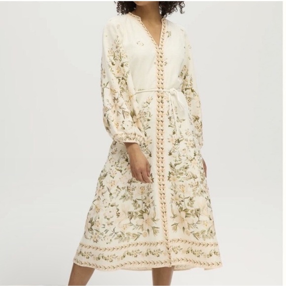 Calypso St. Barth Dresses & Skirts - Calypso St. Barth Cream Midi Dress with Green & Soft Yellow Floral Embroidery
